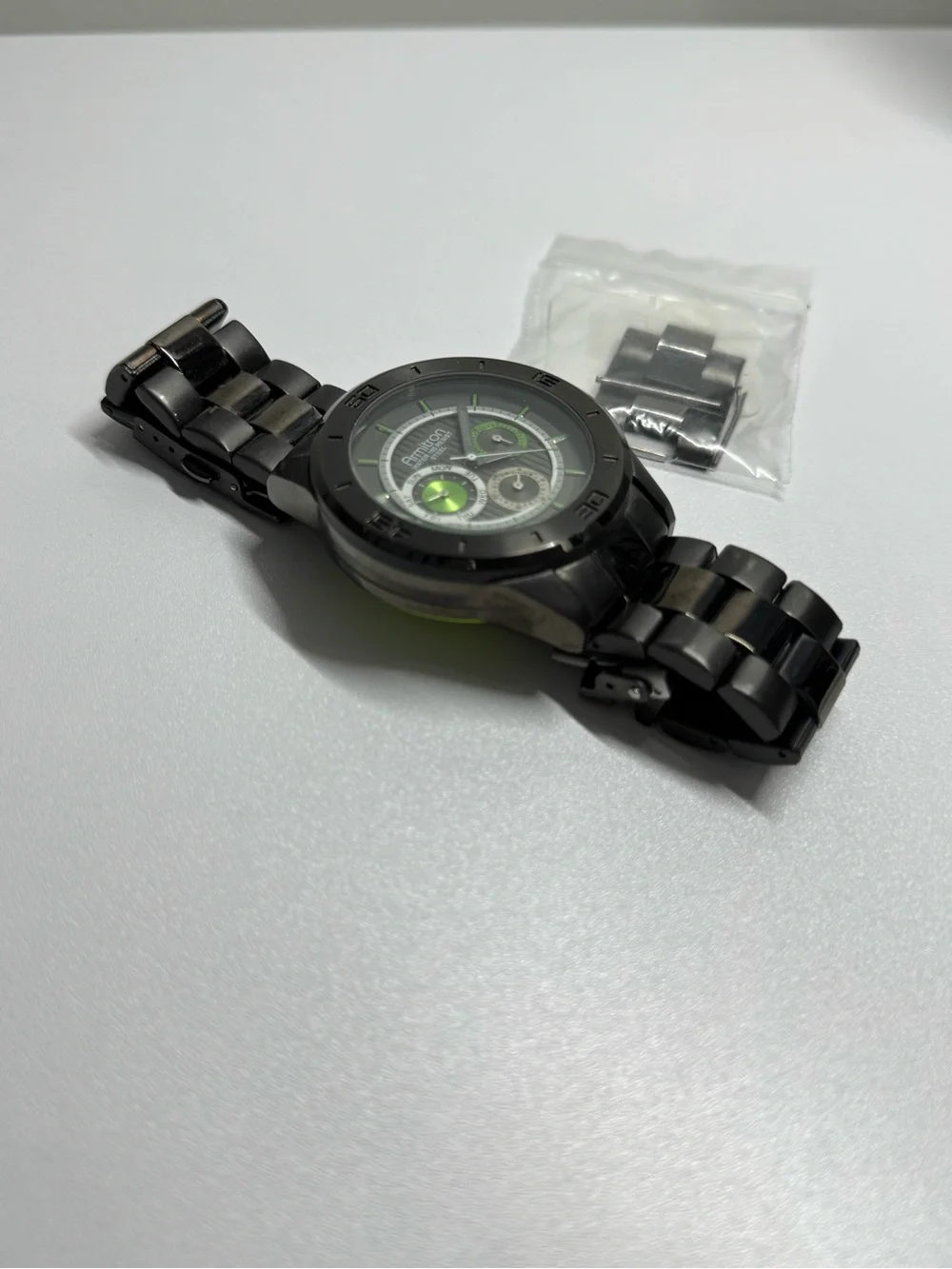 Men's Black Stainless Steel Chronograph Watch with Green Accents